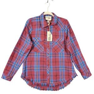 SAVANNA JANE Blue Red Plaid Western Embroidered Distress Button Shirt SIZE SMALL